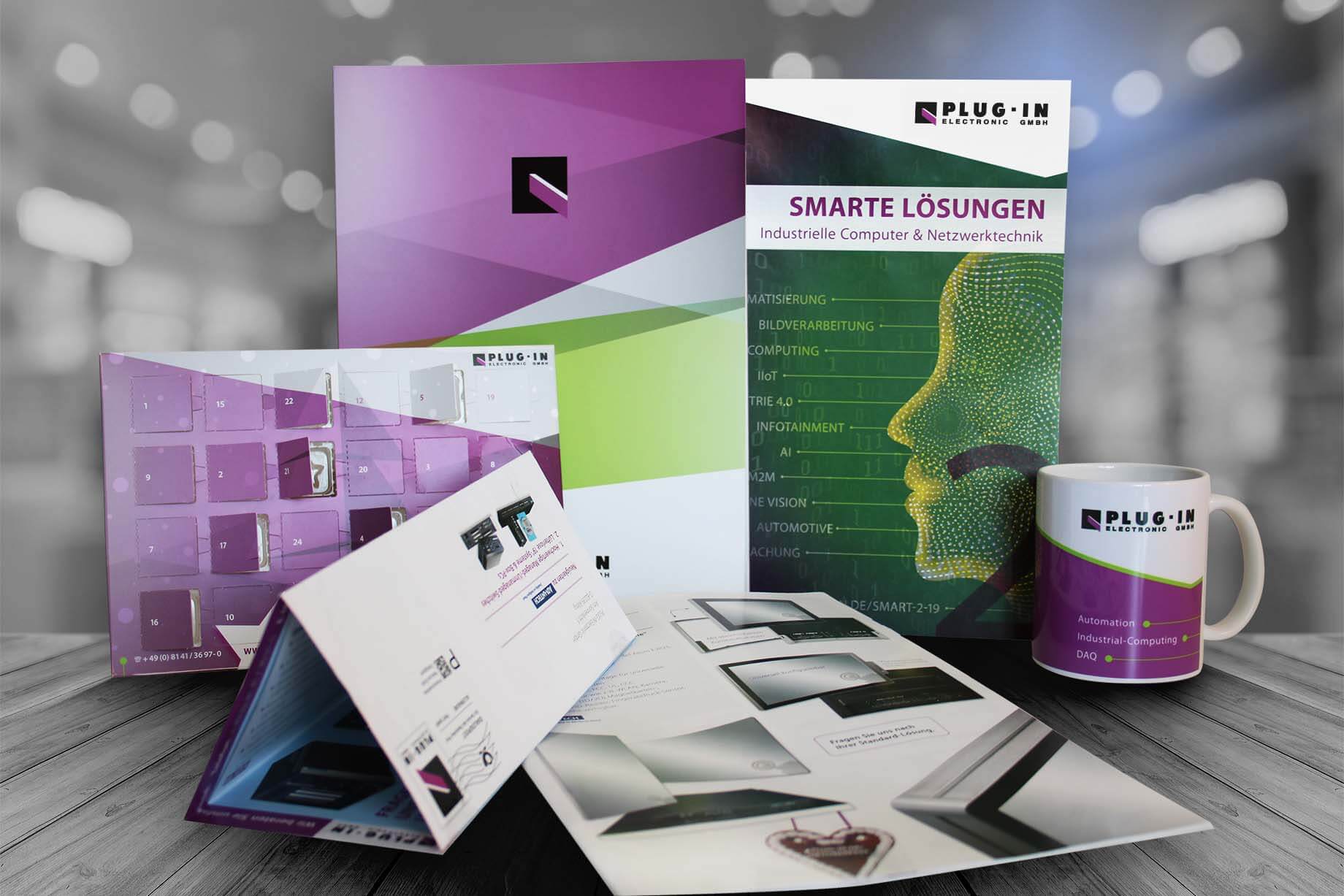 Corporate Redesign für Print & Werbeprodukte (ohne Logo) i. A. für PLUG-IN Electronic GmbH